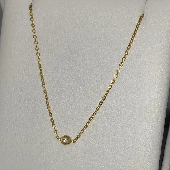 Solid 14K Yellow Gold Natural Diamond Solitaire XS Bezel Necklace Minimalist - Picture 4 of 13